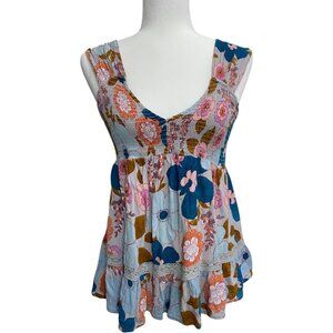 ANGI sleeveless boho Smocked Tank Top Wide Straps Floral Print Medium